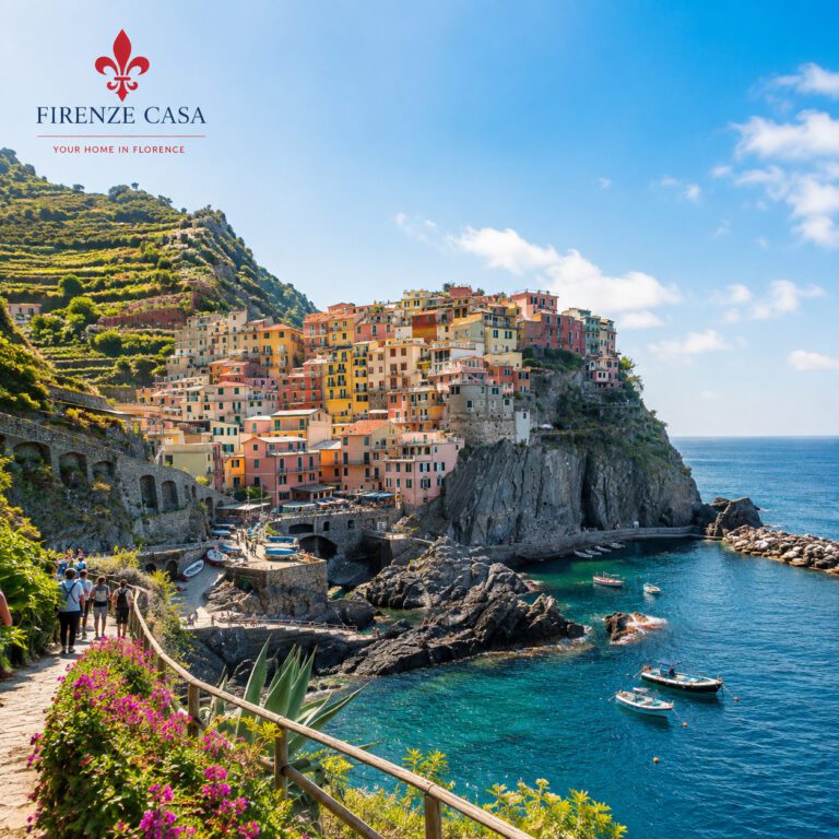 Cinque Terre day trip from Florence with colourful coastal village, terraced hills and Ligurian Sea