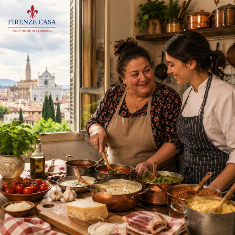 Italian mother teaching a young chef to prepare traditional pasta sauces in a rustic Tuscan kitchen overlooking Florence.