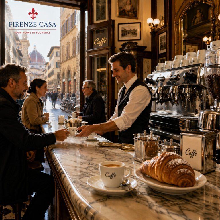 Coffee in Florence served at a traditional Italian bar with espresso and cornetto