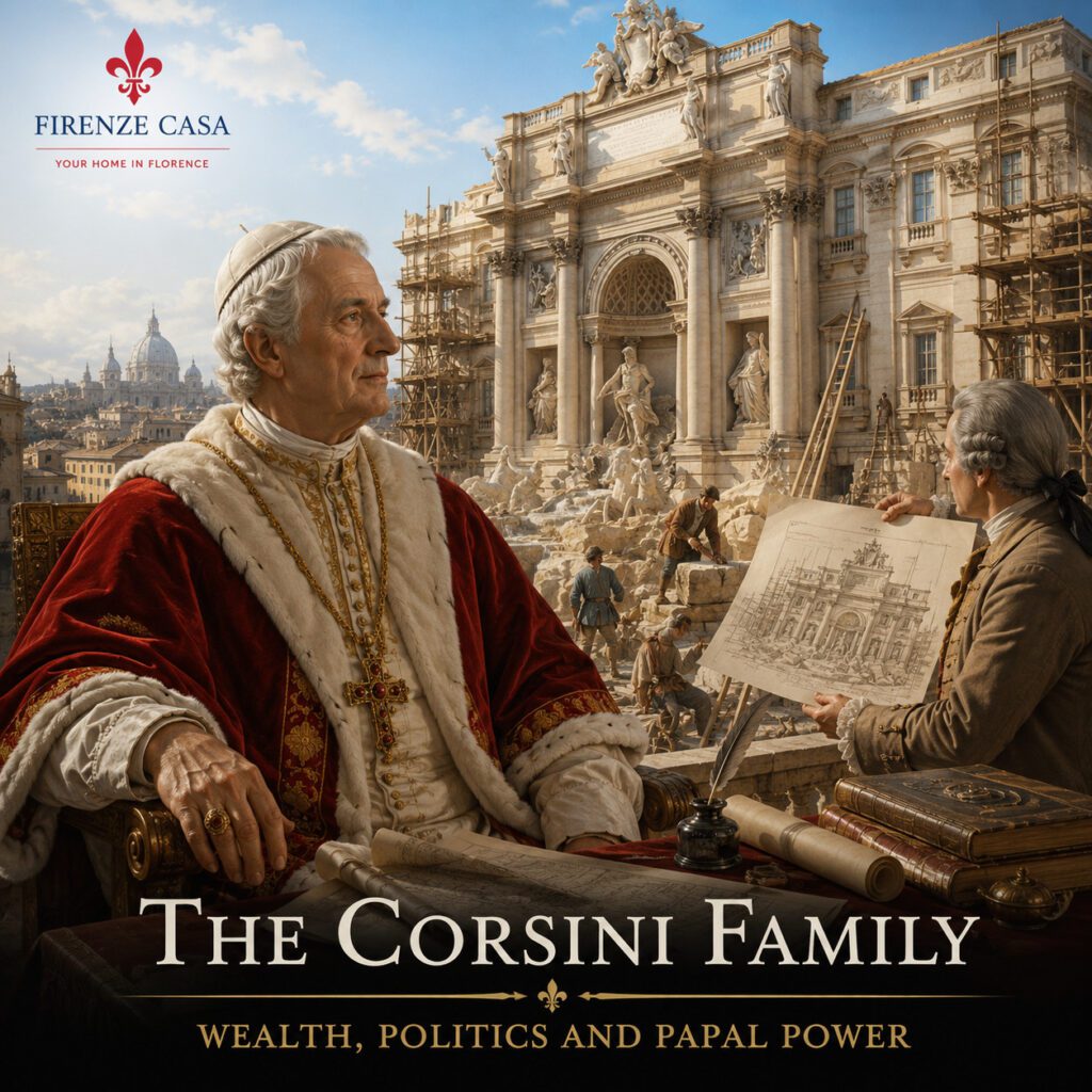 Pope Clement XII of the Corsini family with the Trevi Fountain under construction in 18th-century Rome