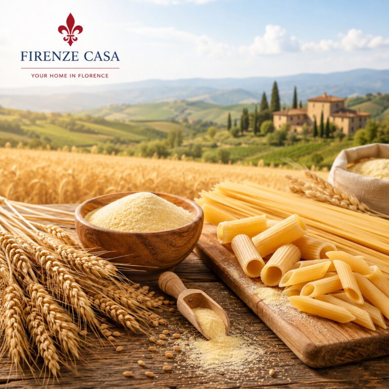 Durum wheat, semolina and traditional Italian pasta on a rustic table overlooking the Tuscan countryside.