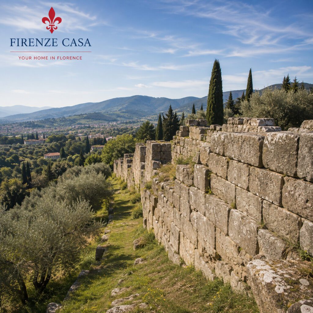 Etruscan walls in Fiesole overlooking the Tuscan hills near Florence
