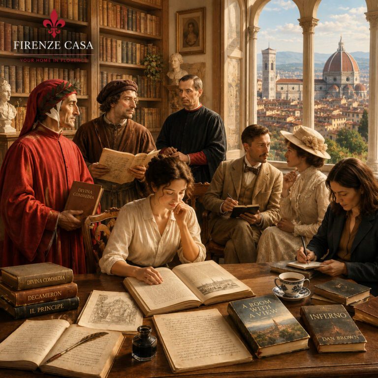 Historic writers from different centuries gather in a Renaissance library overlooking Florence, symbolising the city's rich literary heritage.