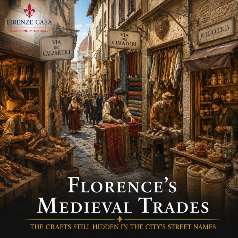 Florence’s medieval trades with shoemakers, textile workers, furriers and apothecaries in a historic Florentine street