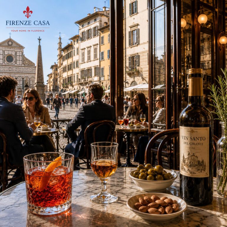 Florentine aperitivo tradition with Vinsanto, vermouth, olives and almonds at a historic café in Florence