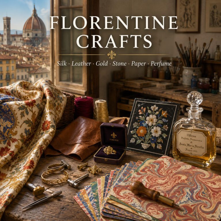 Florentine crafts with silk, leather, gold, pietra dura, marbled paper and perfume