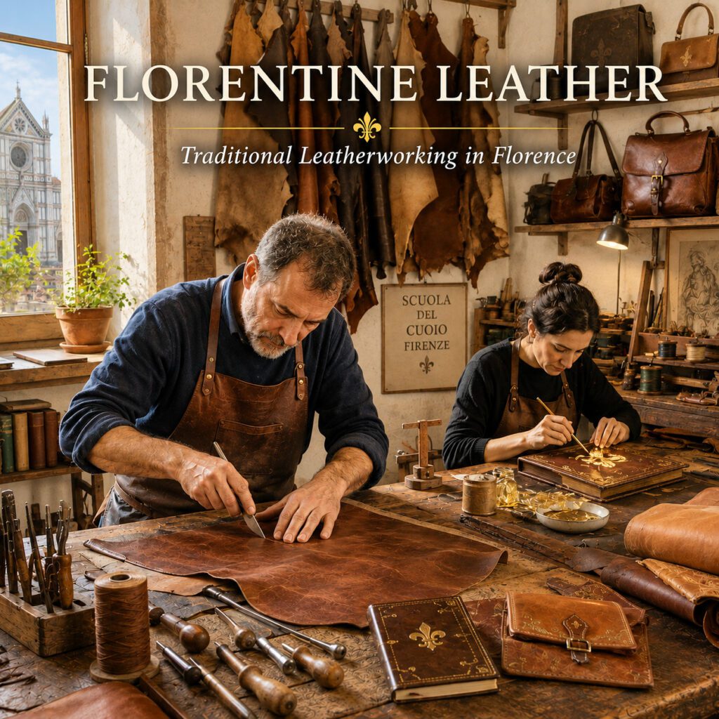 Florentine leather artisans working in a traditional leather workshop in Florence
