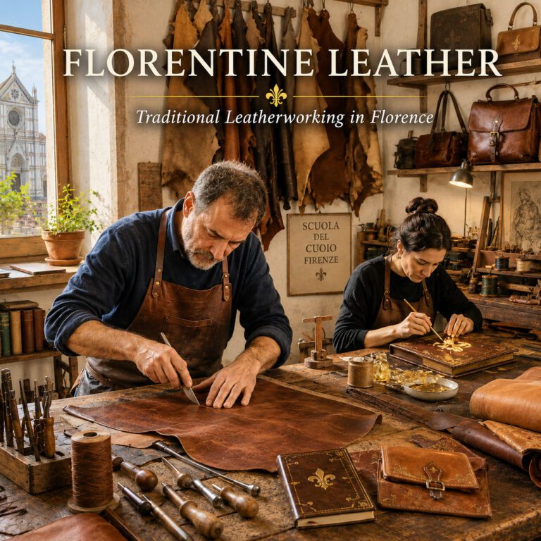 Florentine leather artisans working in a traditional leather workshop in Florence