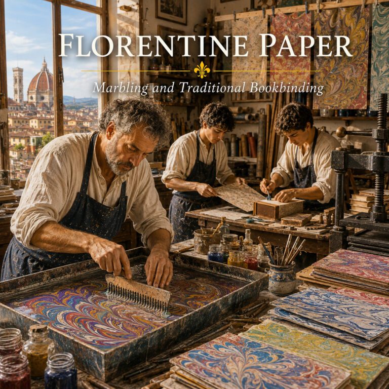 Florentine paper marbling and traditional bookbinding in an artisan workshop in Florence