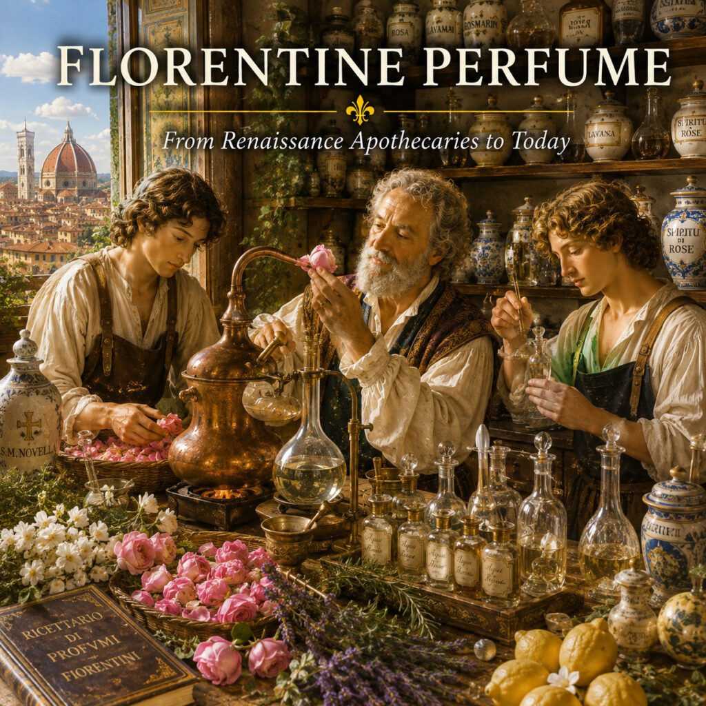 Renaissance apothecary preparing Florentine perfume with two young apprentices in Florence