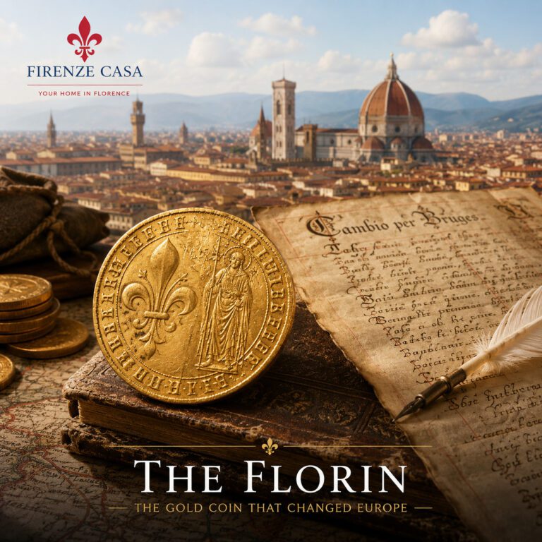 Gold Florin with Florentine lily, historical documents and Florence in the background