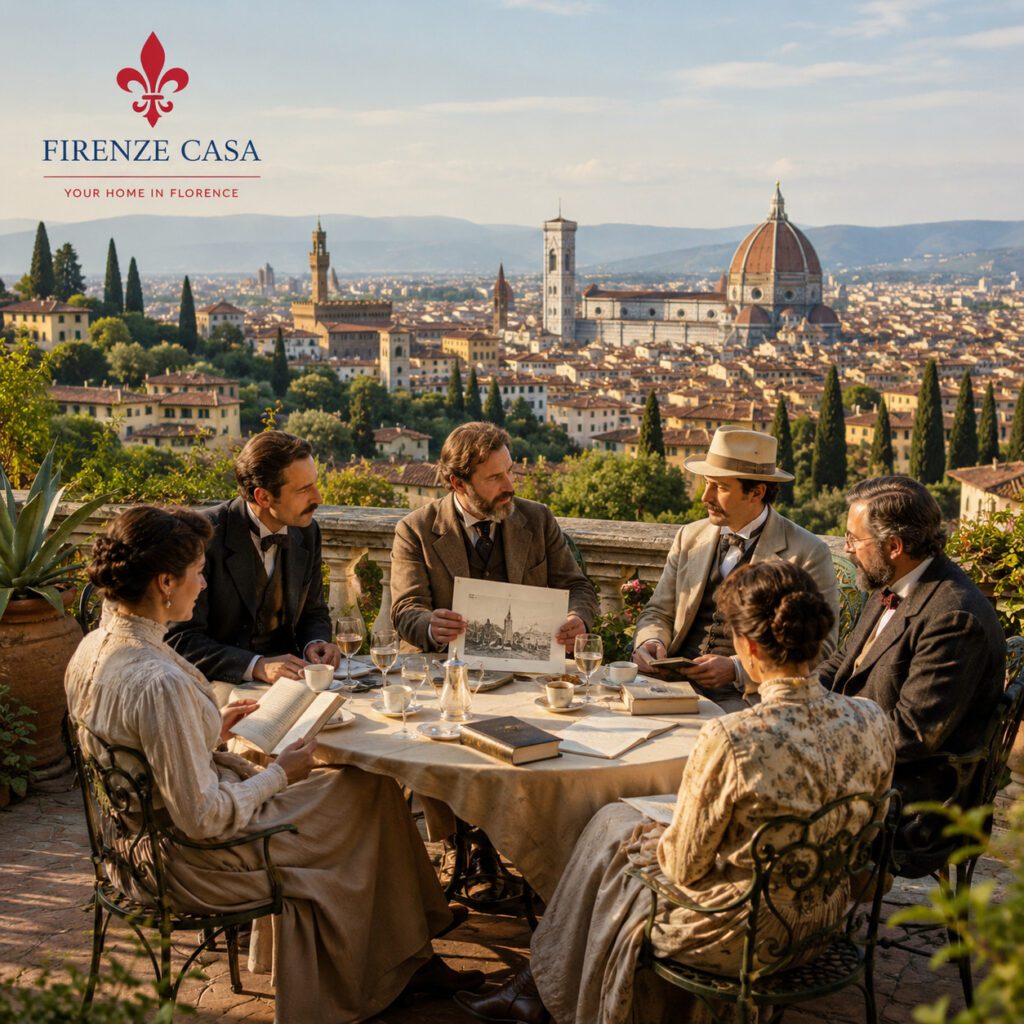 International residents discussing art and literature on a historic Florentine terrace overlooking Florence