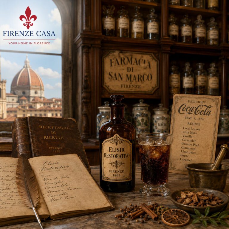 Historic Florentine pharmacy inspired by the San Marco convent, featuring a 19th-century medicinal elixir linked to the Coca-Cola mystery in Florence.