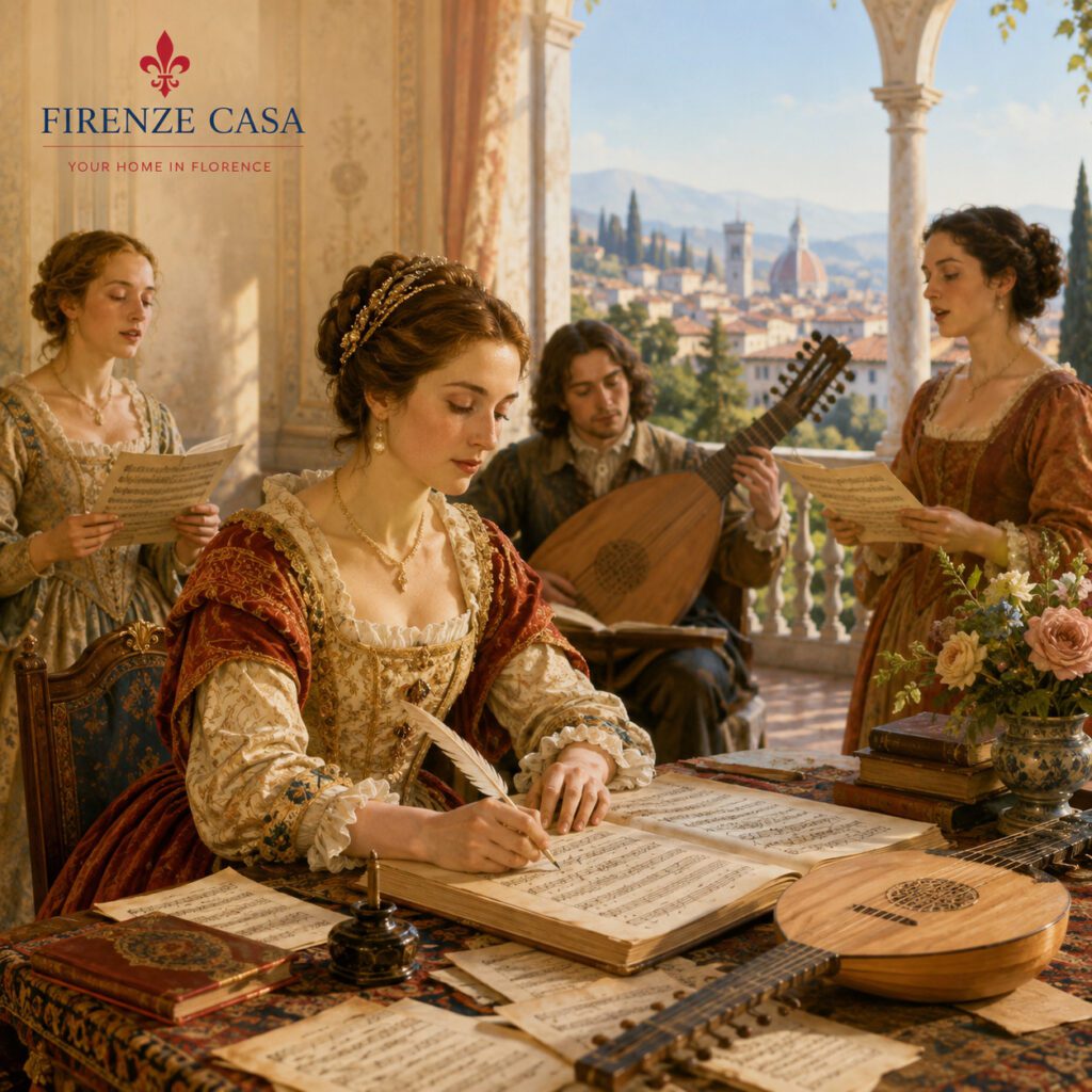 Francesca Caccini composing music with musicians in Renaissance Florence