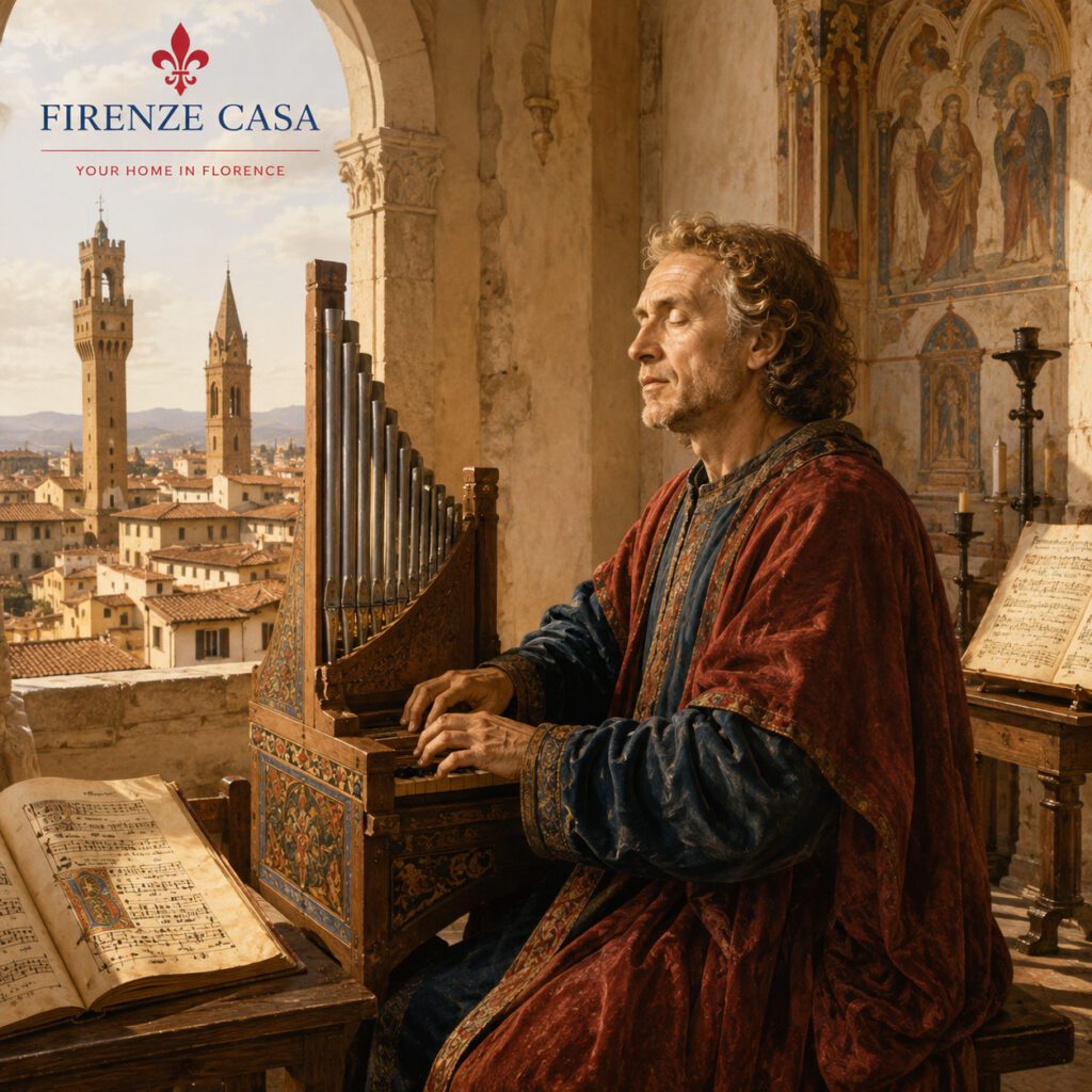 Francesco Landini playing the organ in medieval Florence