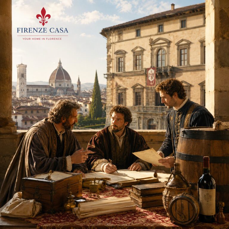 Renaissance merchants of the Frescobaldi family discussing banking and trade in Florence with the Duomo in the background.