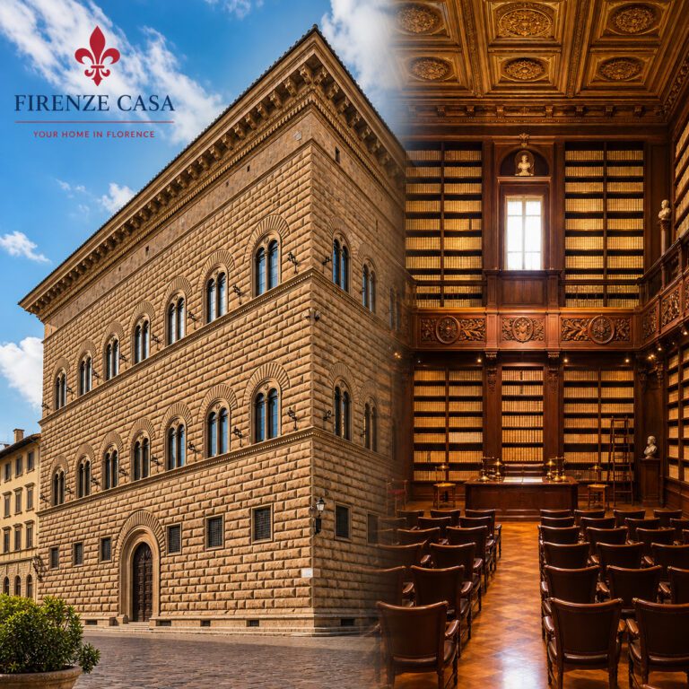 Gabinetto Vieusseux in Florence with Palazzo Strozzi and historic library interior