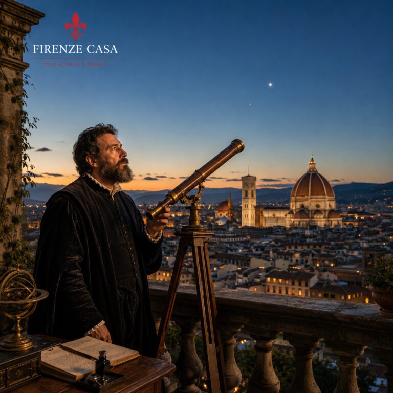 Galileo Galilei observing the night sky above Florence with a telescope