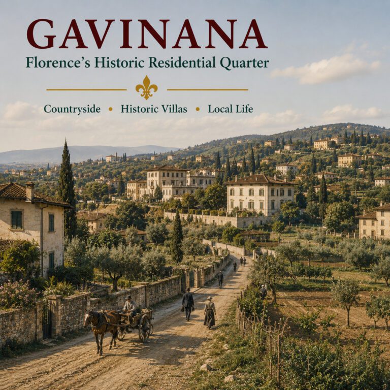 Historic Gavinana in Florence with country road, villas, olive groves and hills before urban expansion