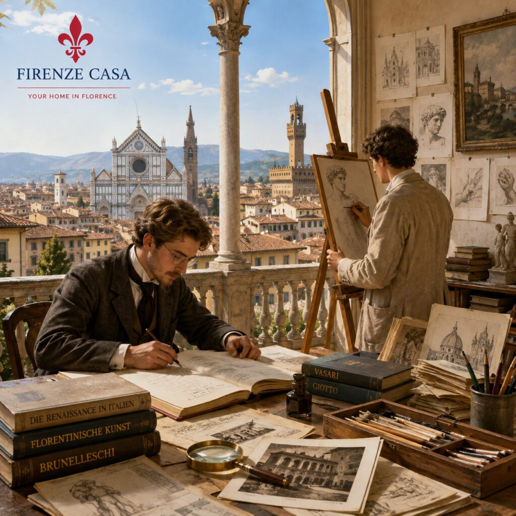 German artists and scholars studying Renaissance art in Florence overlooking Santa Croce and Palazzo Vecchio