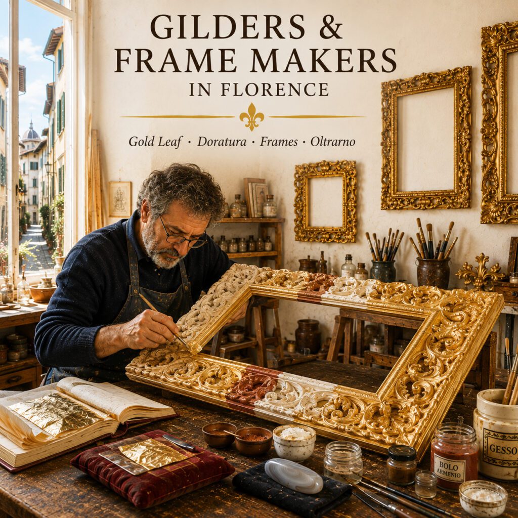 Gilder applying gold leaf to a traditional handmade frame in Florence