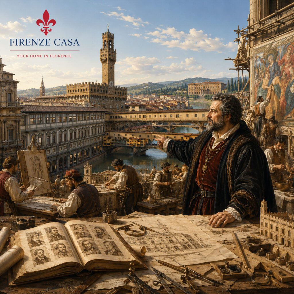 Giorgio Vasari overlooking Renaissance Florence with the Uffizi, Palazzo Vecchio and Vasari Corridor