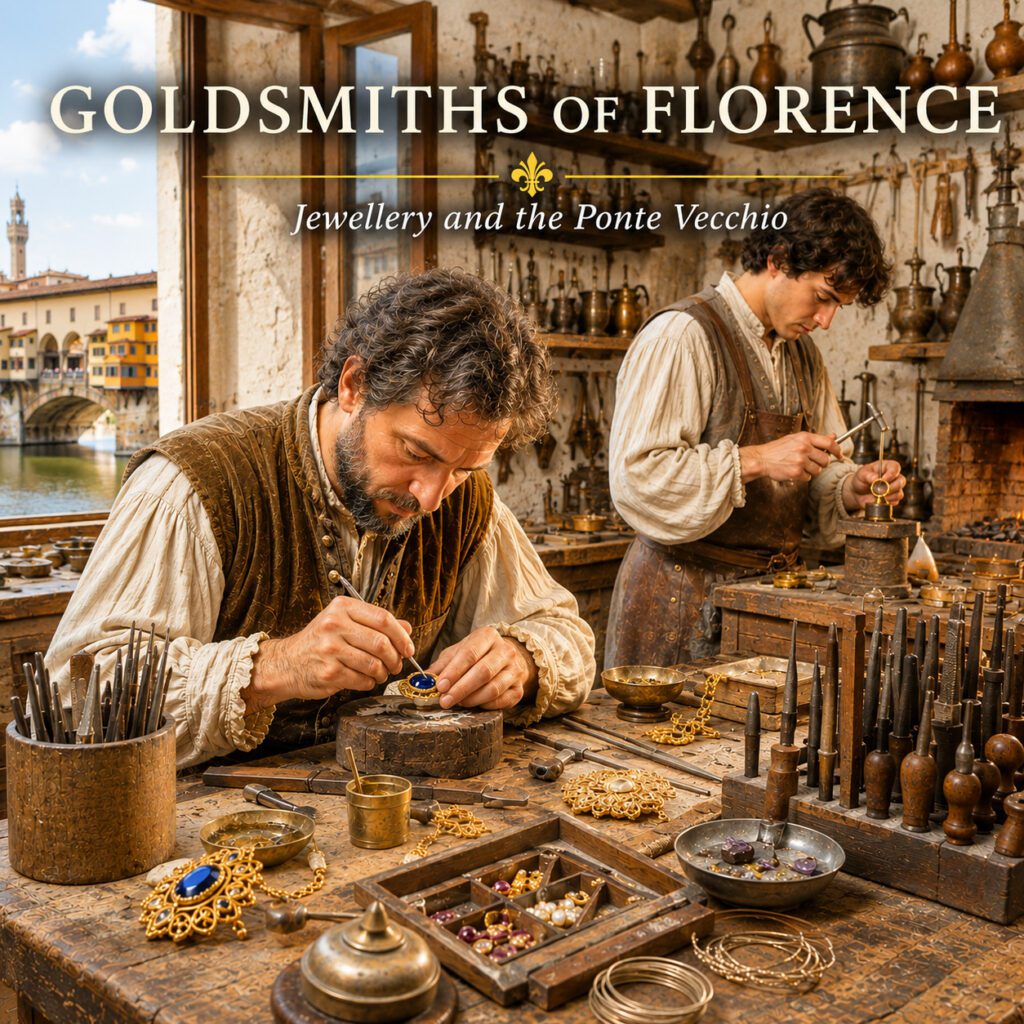 Renaissance goldsmiths working in a traditional Florence jewellery workshop
