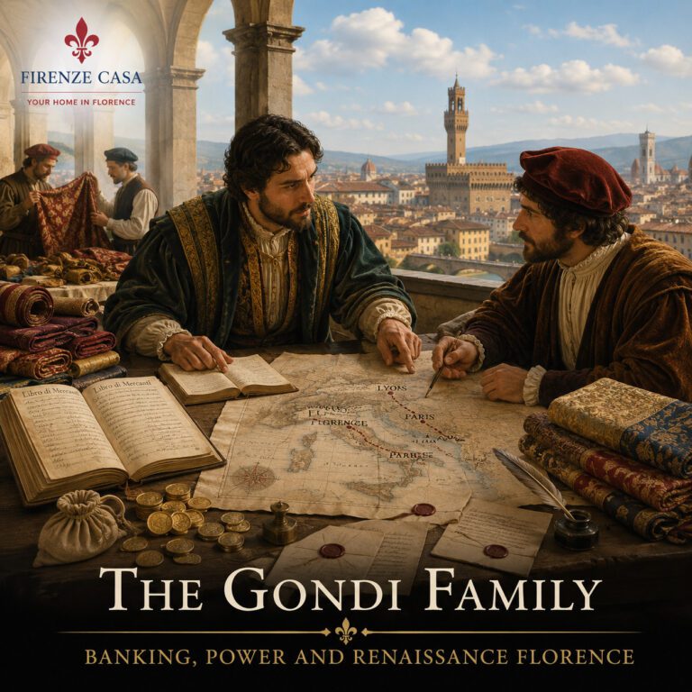 Gondi family merchants discussing trade routes between Florence, Lyon and Paris during the Renaissance