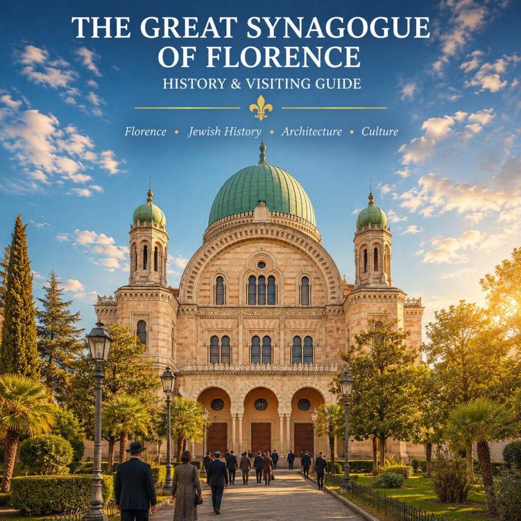 Great Synagogue of Florence with its green dome and visitors approaching through the garden