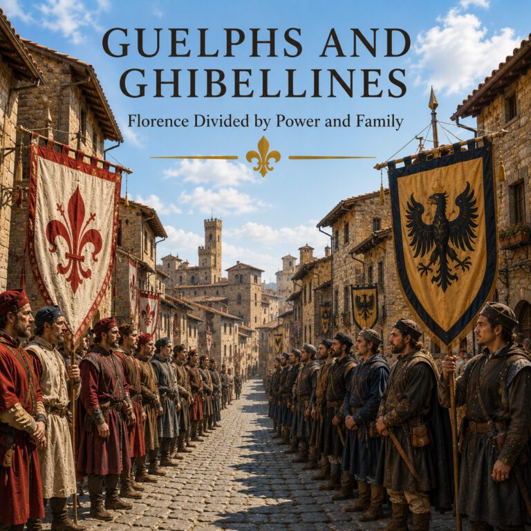 Guelphs and Ghibellines in medieval Florence with opposing faction banners