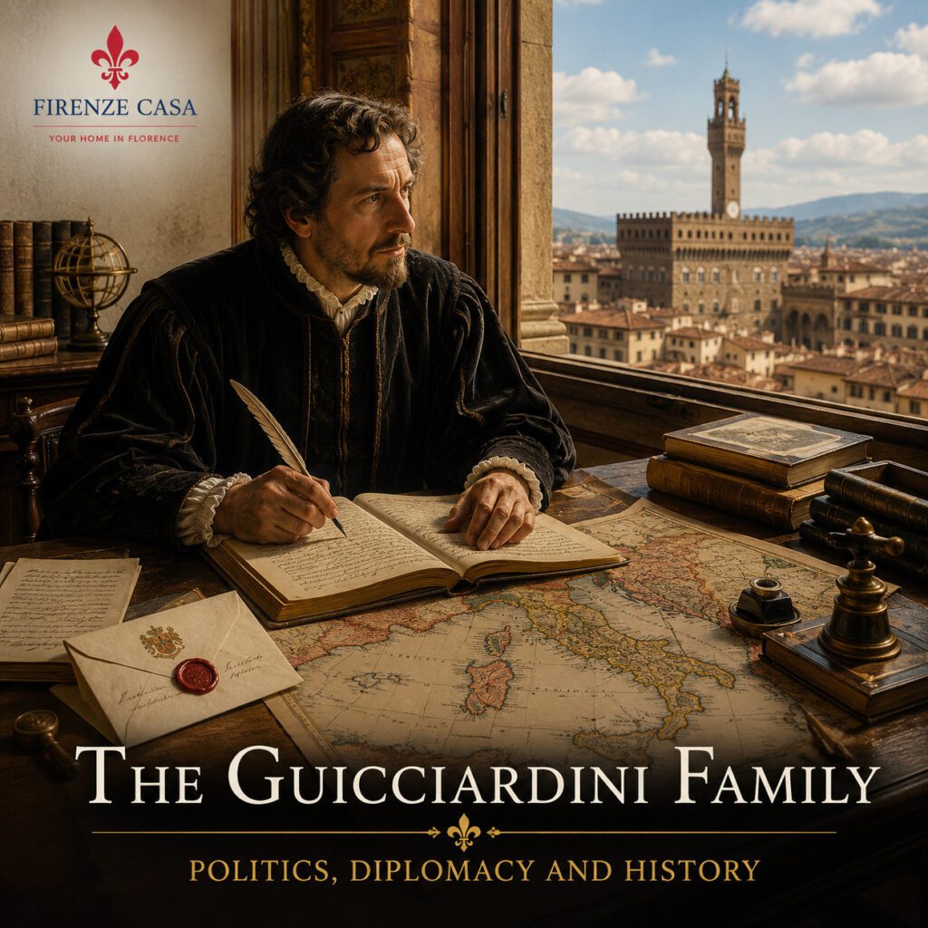 Francesco Guicciardini writing at his desk with a map of Renaissance Italy and Palazzo Vecchio in the background