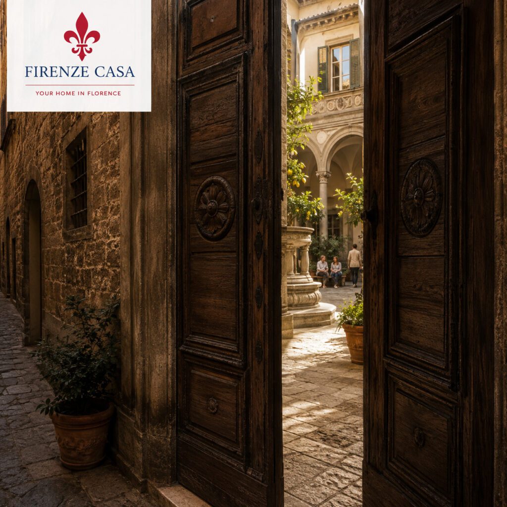 Half-open Renaissance gate revealing a hidden courtyard in Florence with arches, a historic fountain and lemon trees.