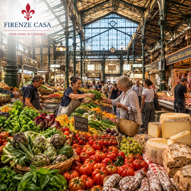 Historic food market in Florence with fresh Tuscan vegetables, fruit, cheese and traditional market stalls