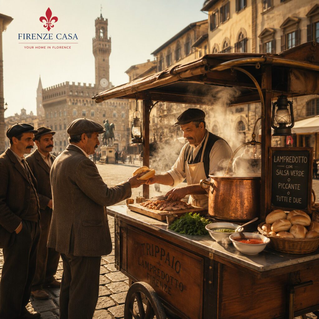 Historic Lampredotto street vendor serving traditional Florentine sandwiches from a vintage food cart on a Renaissance piazza in Florence.