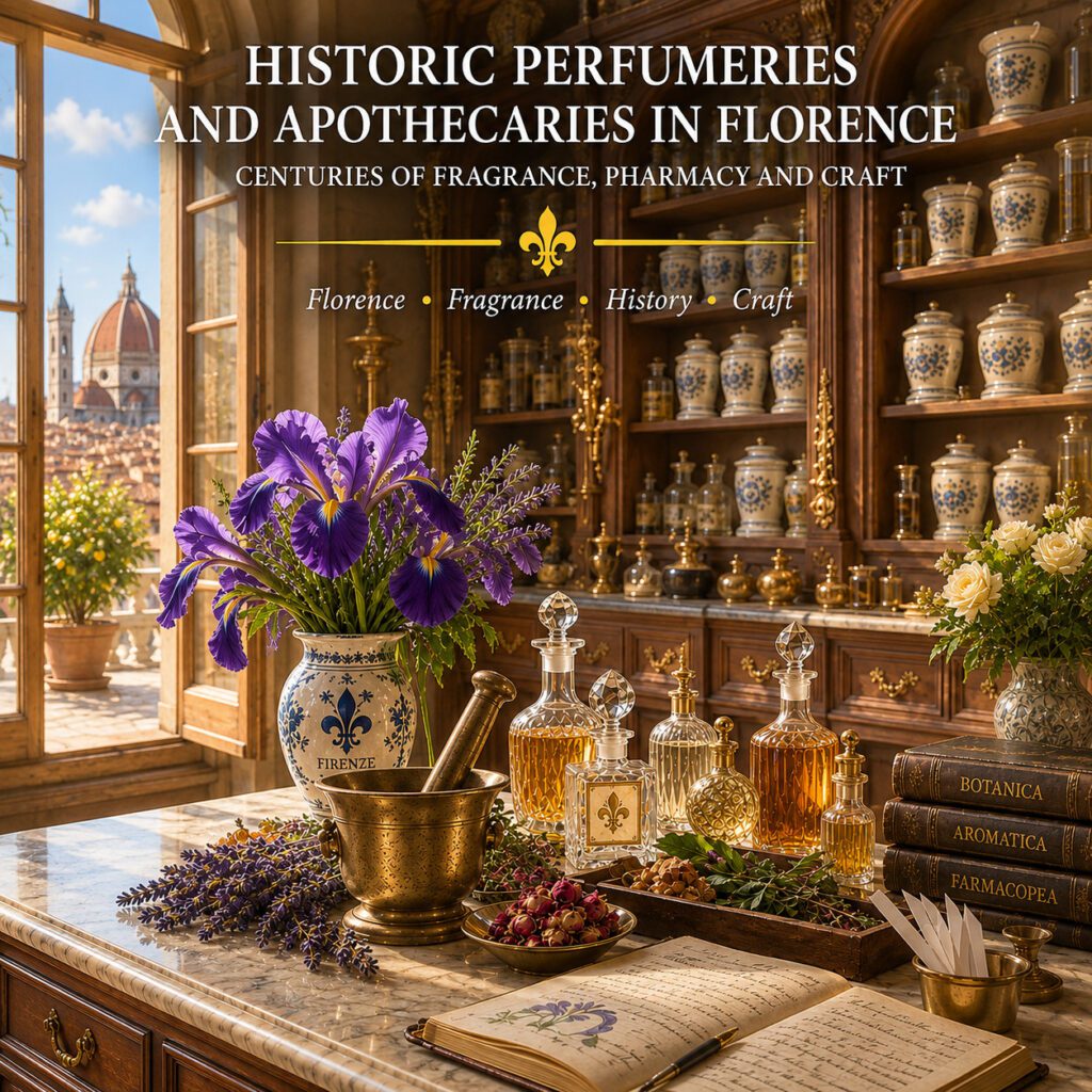 Historic perfumeries and apothecaries in Florence with traditional perfume bottles, medicinal herbs and Florentine iris