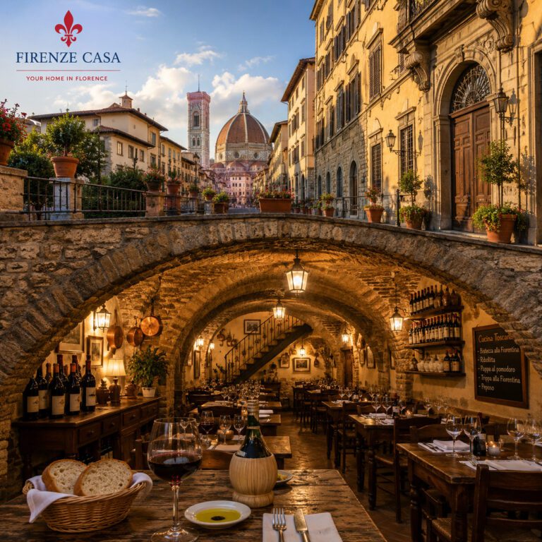 Historic restaurants of Florence with traditional Florentine trattoria and city view