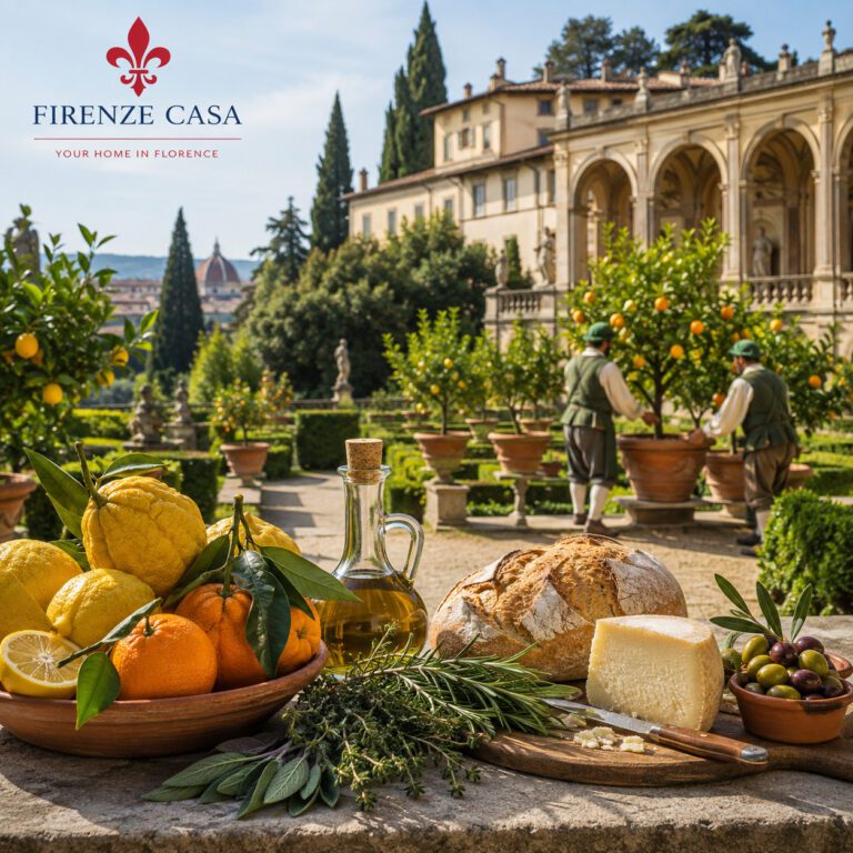 Renaissance Medici garden with citrus trees, Tuscan ingredients and traditional Florentine food in Florence.