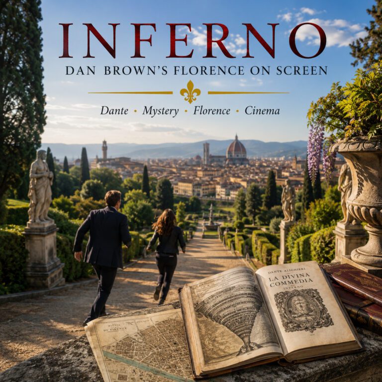 Inferno Florence filming locations in the Boboli Gardens with Florence skyline