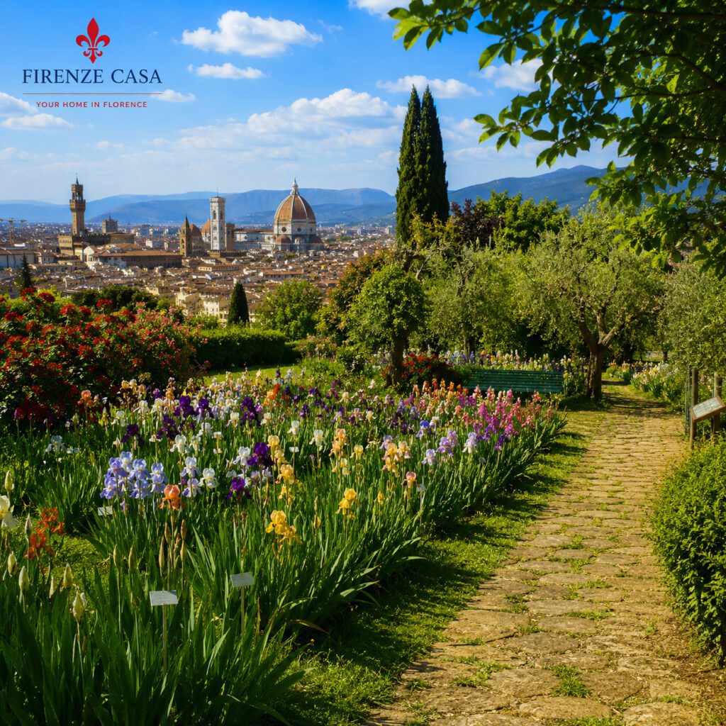 Iris Garden Florence with colourful irises and panoramic view of the Duomo