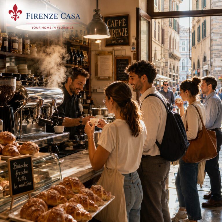 Morning coffee culture in a traditional Florentine café with locals enjoying espresso and brioche at the bar.