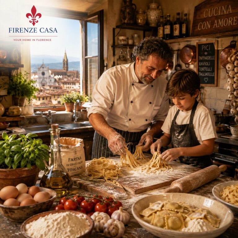 Traditional pasta making in a rustic Tuscan kitchen in Florence with fresh handmade pasta, local ingredients and chefs preparing authentic Italian cuisine.