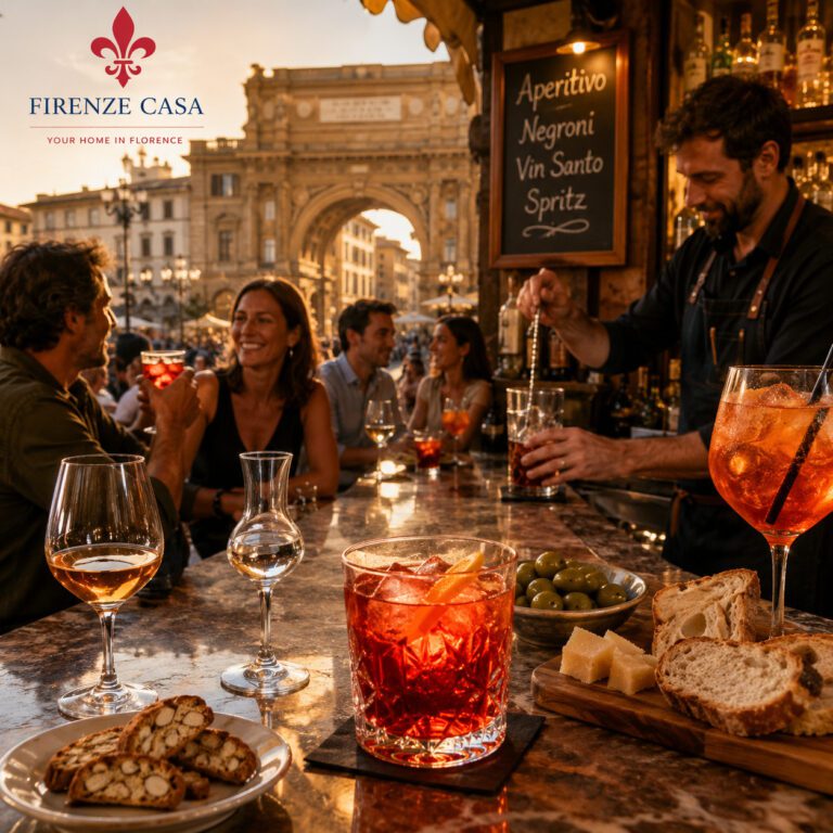 Traditional Italian Spirits in a historic Florentine bar featuring a Negroni, Vin Santo, Grappa and aperitivo during a warm evening in Florence.