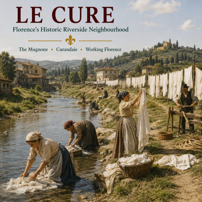Historic Le Cure in Florence with curandaie washing and bleaching textiles along the Mugnone