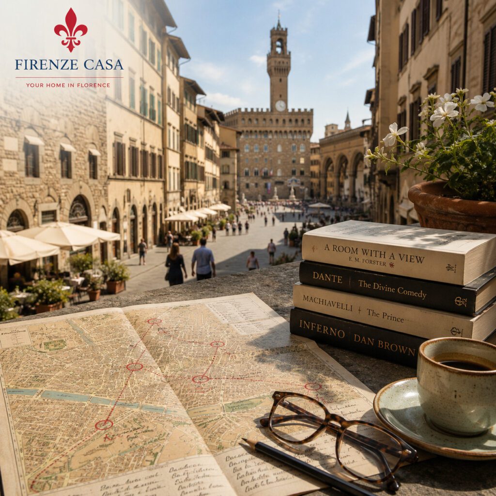 Literary walk through Florence with books and a map overlooking Piazza della Signoria