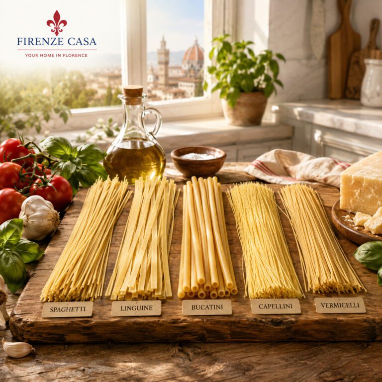 Traditional Italian long pasta varieties including spaghetti, linguine, bucatini, capellini and vermicelli displayed on a rustic wooden board in a bright Tuscan kitchen with fresh ingredients.