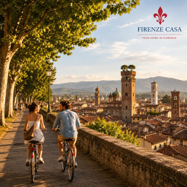Couple cycling along Lucca's Renaissance city walls with the Guinigi Tower and the historic skyline at sunset.