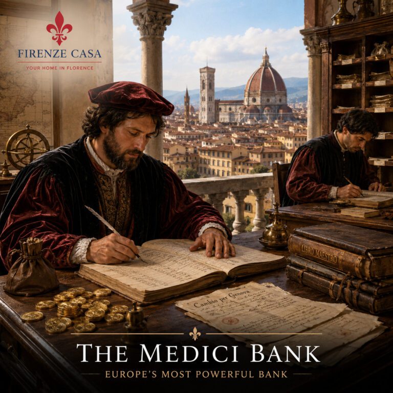 Medici banker working with account books and gold Florins in Renaissance Florence