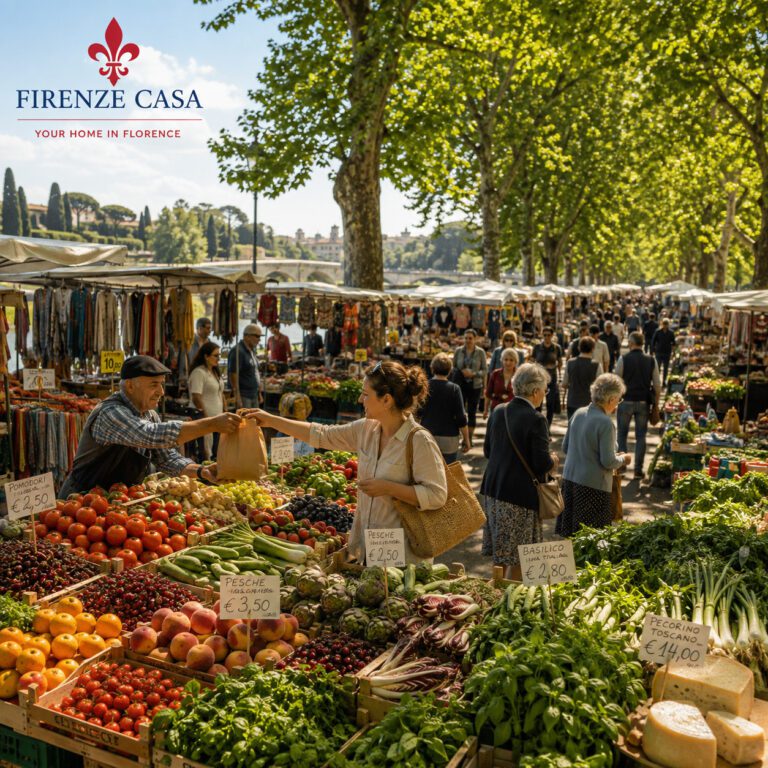 Mercato delle Cascine in Florence with colourful market stalls beneath the trees of the Cascine park