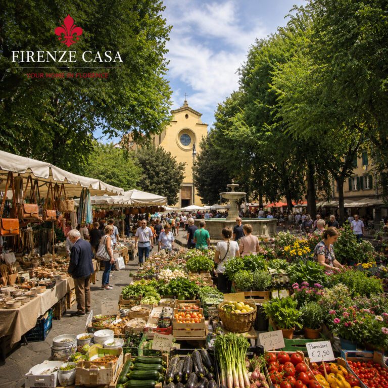 Mercato di San Frediano in Florence with food and artisan stalls in a lively neighbourhood market