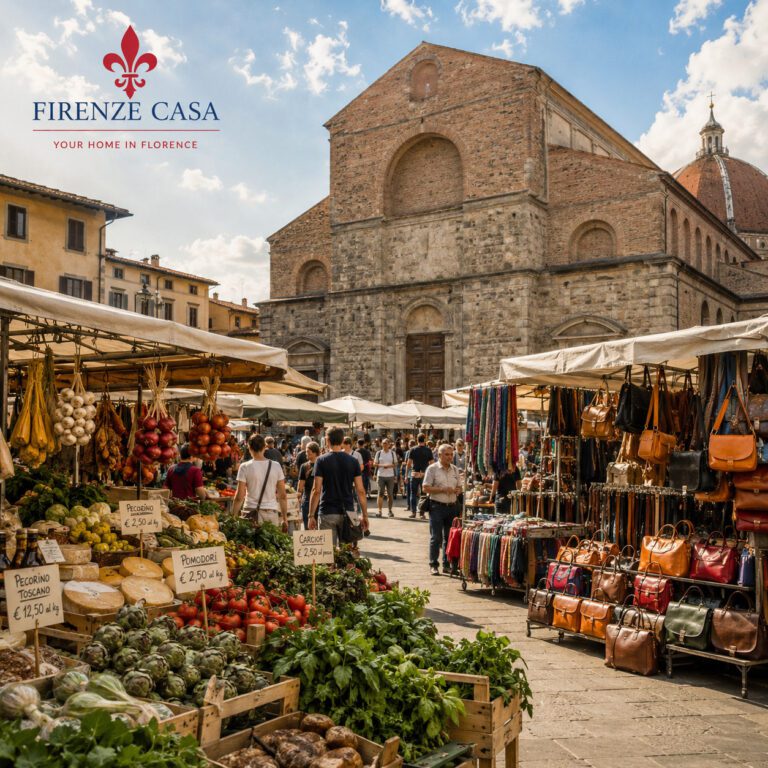 Mercato di San Lorenzo in Florence with food and leather stalls near the historic San Lorenzo district